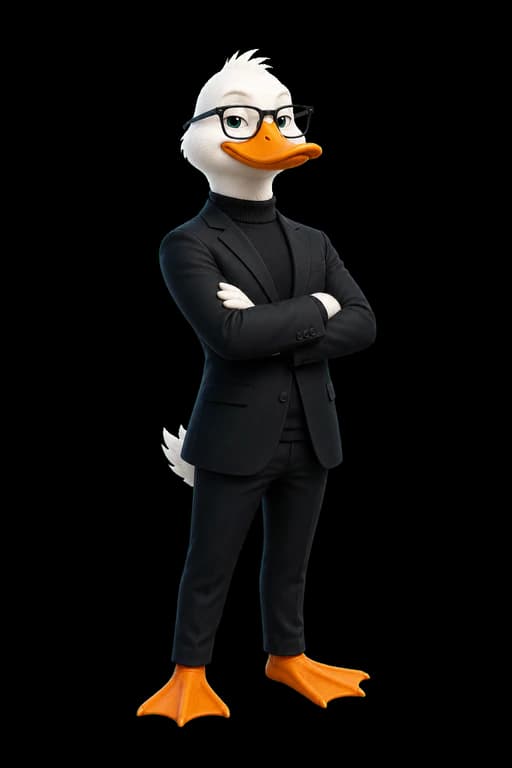 Marka’s white duck with black glasses and a black suit