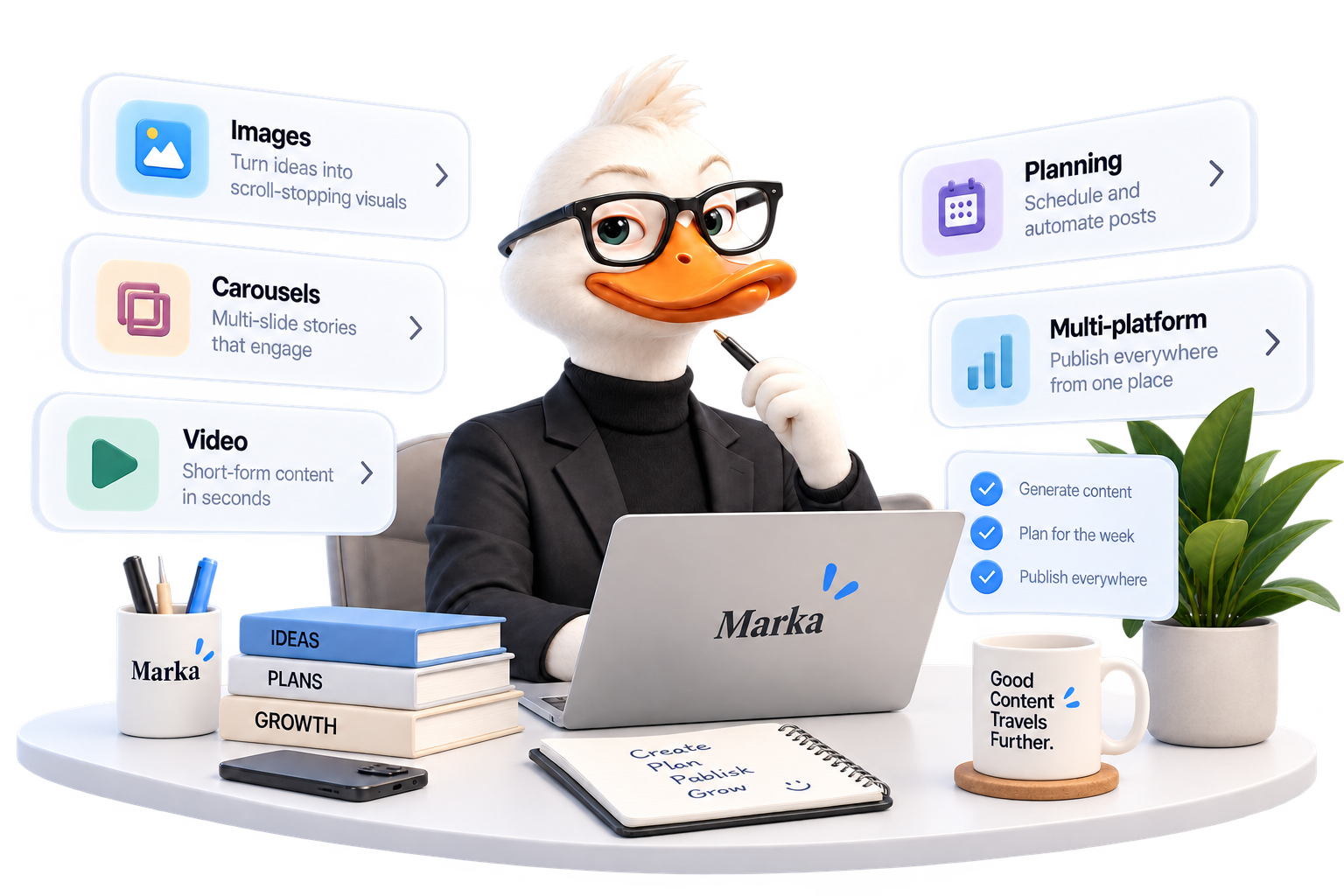 Marka’s duck agent at a desk, creating images, carousels, and video, then planning where they publish